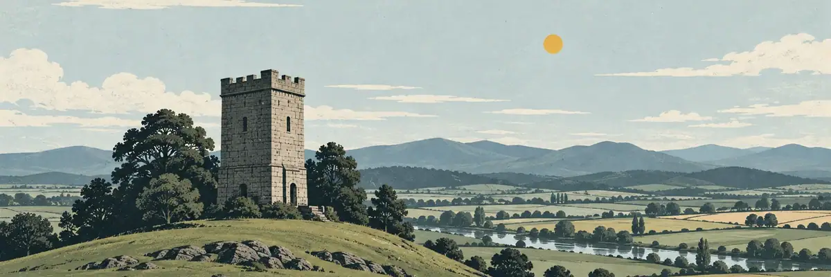 Screen-print illustration of the stone Firth Tower above Matamata’s rural plain