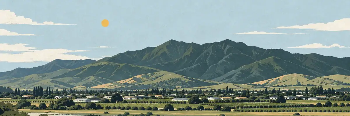 Screen-print illustration of Barnicoat Range above the Waimea Plains, Richmond