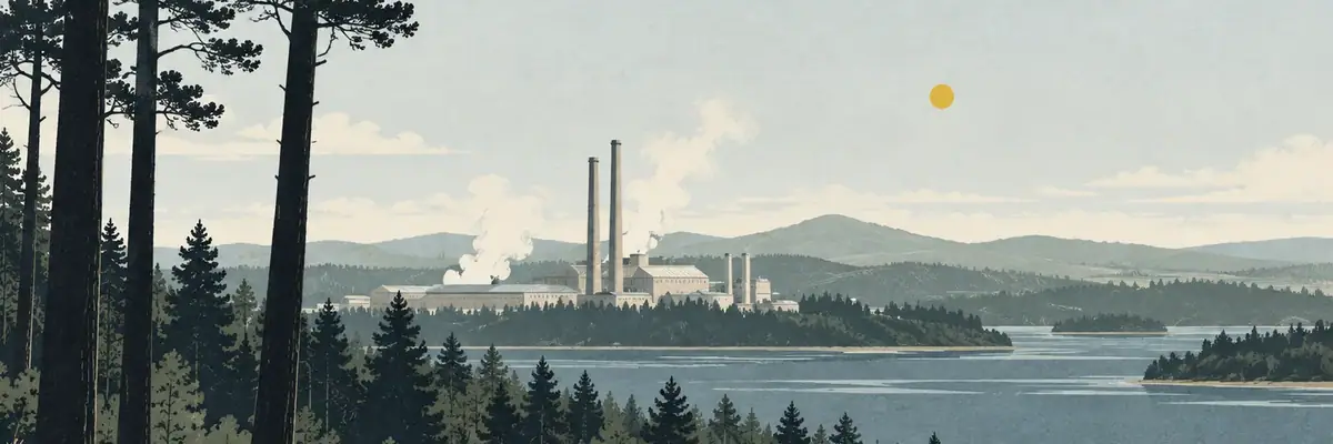 Screen-print illustration of the tall Kinleith Mill stacks beyond Tokoroa’s forest edge