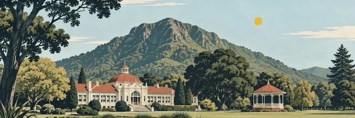Screen-print illustration of the Edwardian bathhouse and rotunda beneath Mount Te Aroha