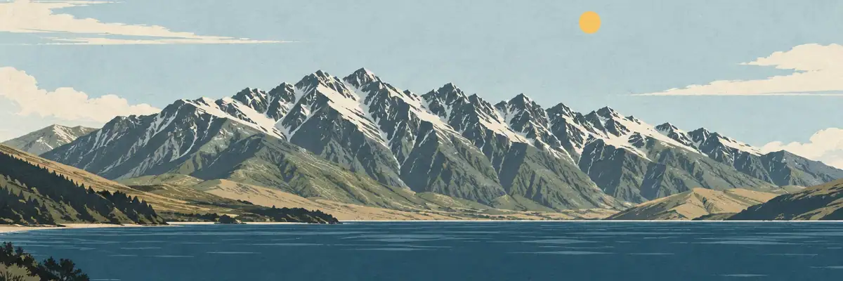 Screen-print illustration of the Remarkables above Lake Wakatipu, Queenstown