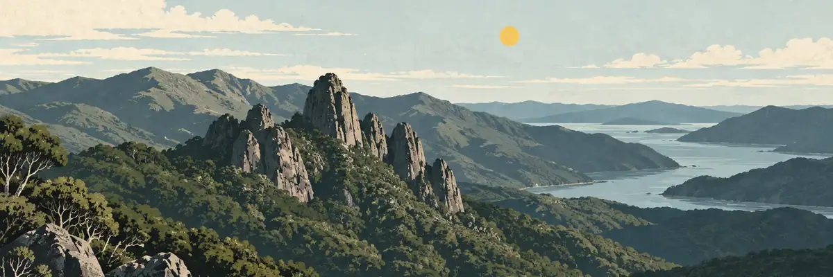 Screen-print illustration of the jagged Pinnacles rising above the forested Coromandel Range, Thames-Coromandel District