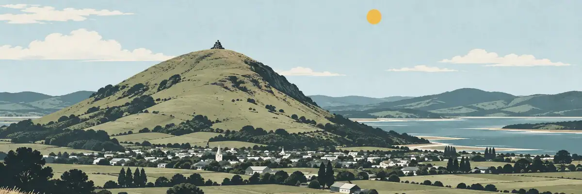 Screen-print illustration of Puketapu hill and its summit cairn above Palmerston
