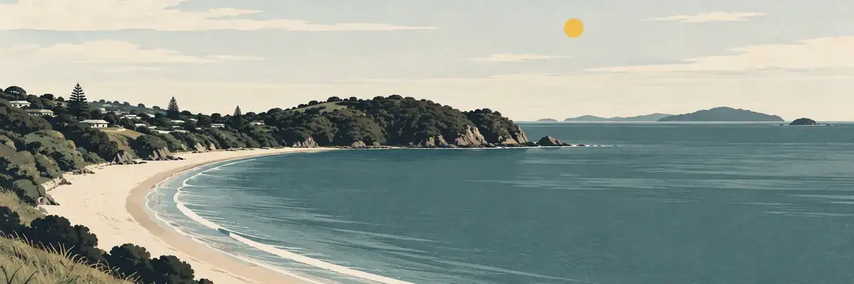 Screen-print illustration of Oneroa’s crescent beach and Hauraki Gulf outlook, Waiheke West