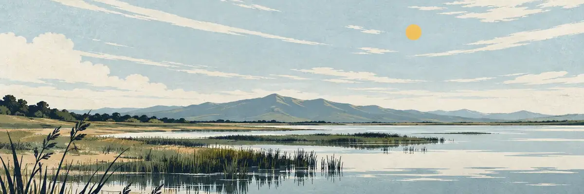 Screen-print illustration of Te Waihora/Lake Ellesmere’s expansive wetland edge, Selwyn District