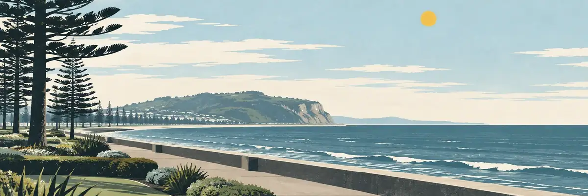 Screen-print illustration of Marine Parade’s seafront gardens and ocean edge, Napier