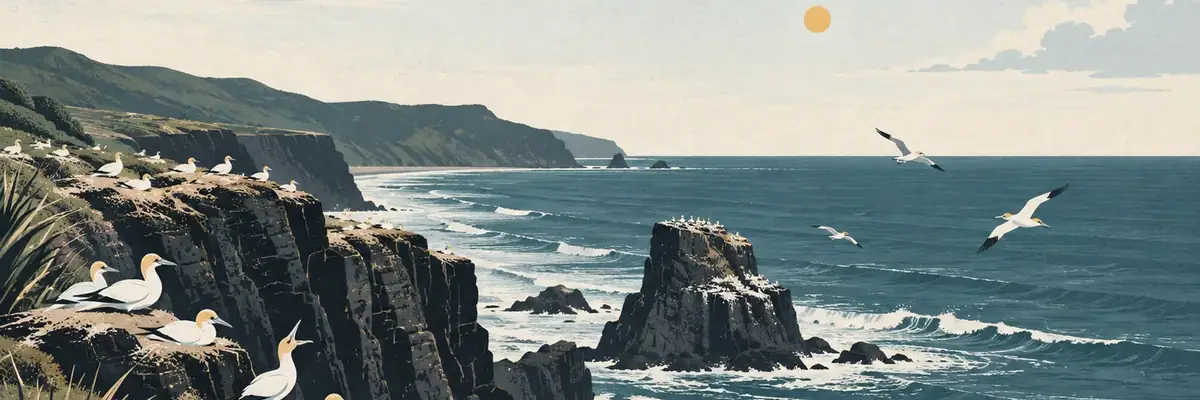 Screen-print illustration of the mainland gannet colony on Muriwai’s black-sand cliffs