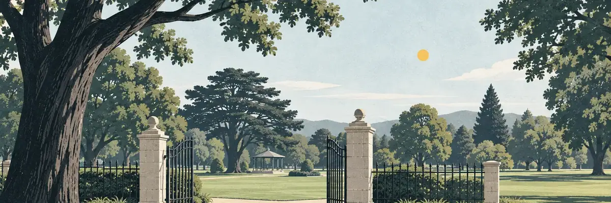 Screen-print illustration of Seddon Square’s Coronation Gates and mature park setting, Waimate