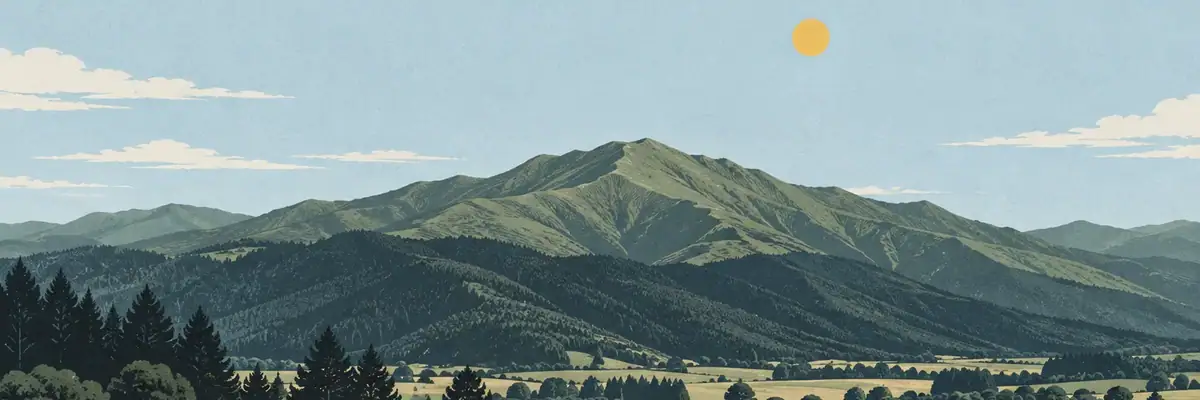 Screen-print illustration of the forested slopes of Mount Oxford above the township