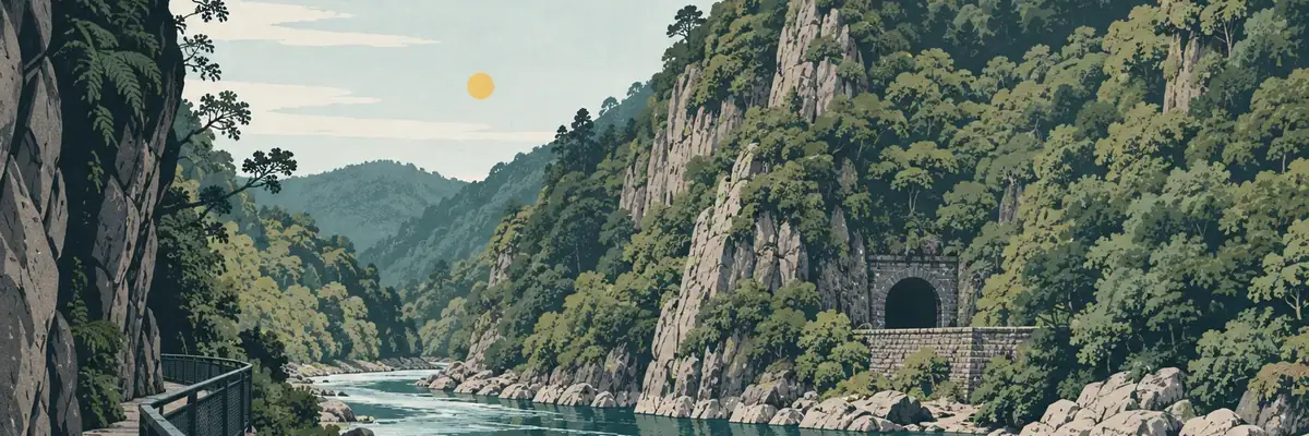 Screen-print illustration of the steep green walls and river corridor of Karangahake Gorge, Paeroa