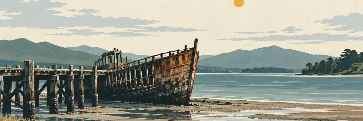 Screen-print illustration of Janie Seddon wreck at the old wharf, Motueka