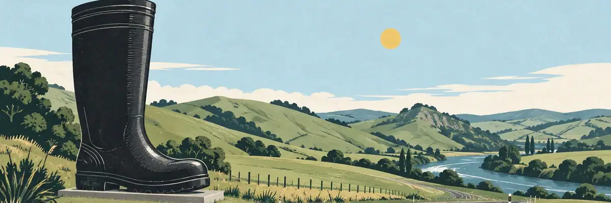 Screen-print illustration of the giant gumboot, Taihape