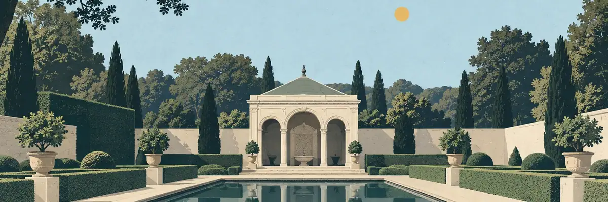 Screen-print illustration of the enclosed gardens at Hamilton Gardens