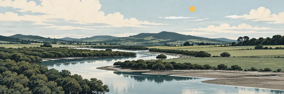 Screen-print illustration of the tidal Kaukapakapa River winding through Kaipara farmland