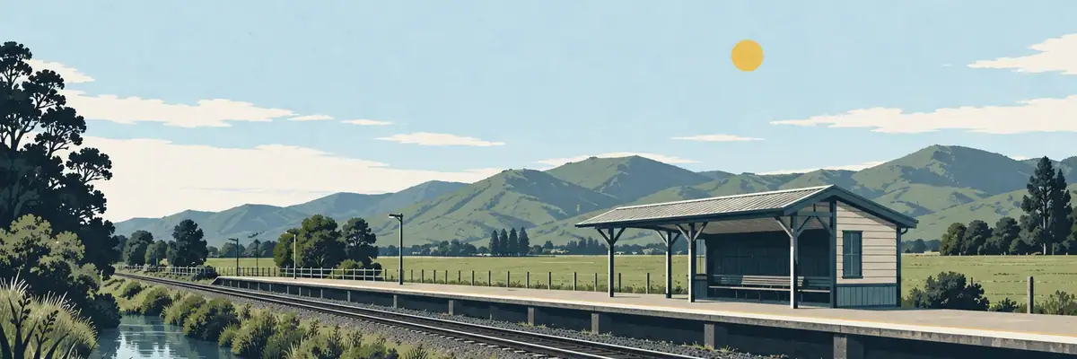 Screen-print illustration of Ōtaki Railway Station