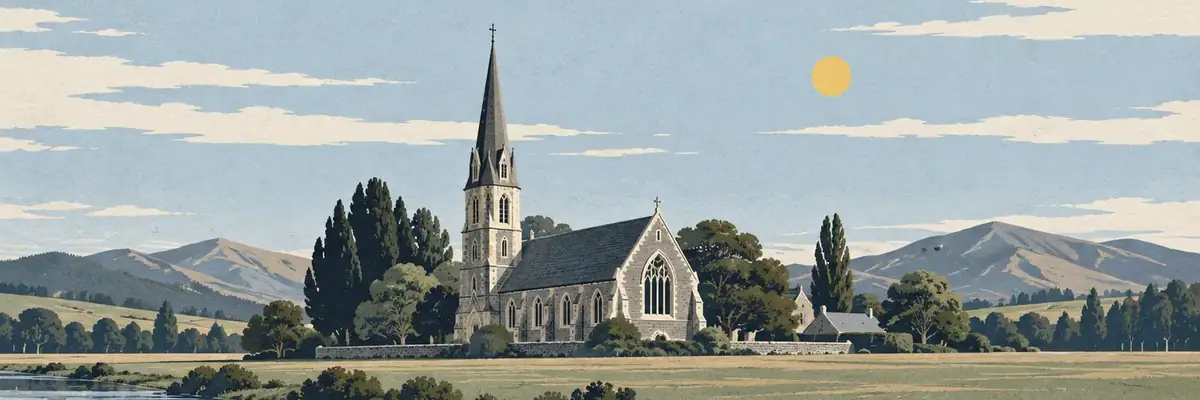 Screen-print illustration of Tokomairiro Church, Milton