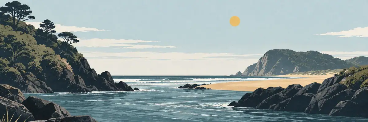 Screen-print illustration of the Heads where the Whakatāne River meets the sea