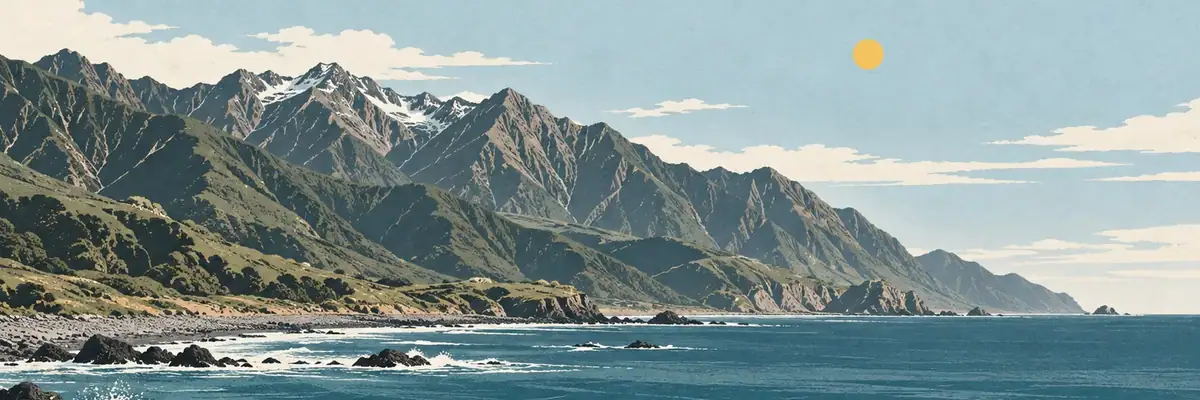 Screen-print illustration of the rugged coast and Seaward Kaikōura Ranges north of the peninsula