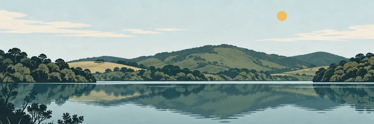 Screen-print illustration of the bush-fringed waters of Lake Waro, Hikurangi