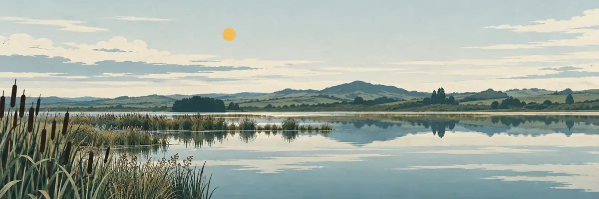 Screen-print illustration of the open waters and raupō margins of Lake Waikare beside Te Kauwhata