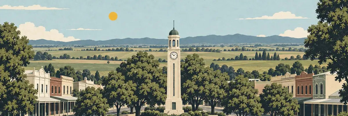 Screen-print illustration of Feilding’s Manchester Square clock tower and town centre, with Manawatū farmland beyond.