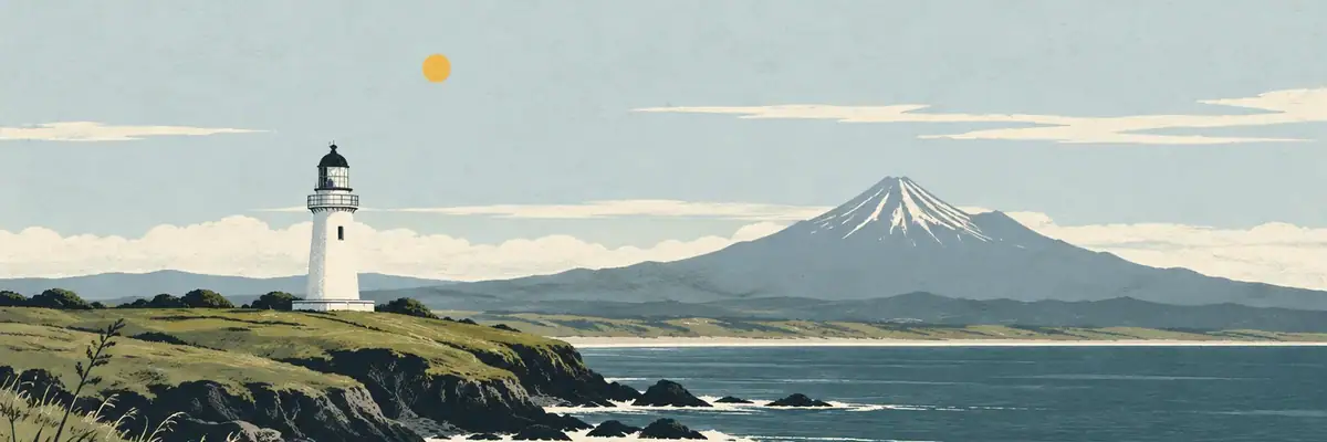 Screen-print illustration of Cape Egmont Lighthouse on the west coast, South Taranaki District