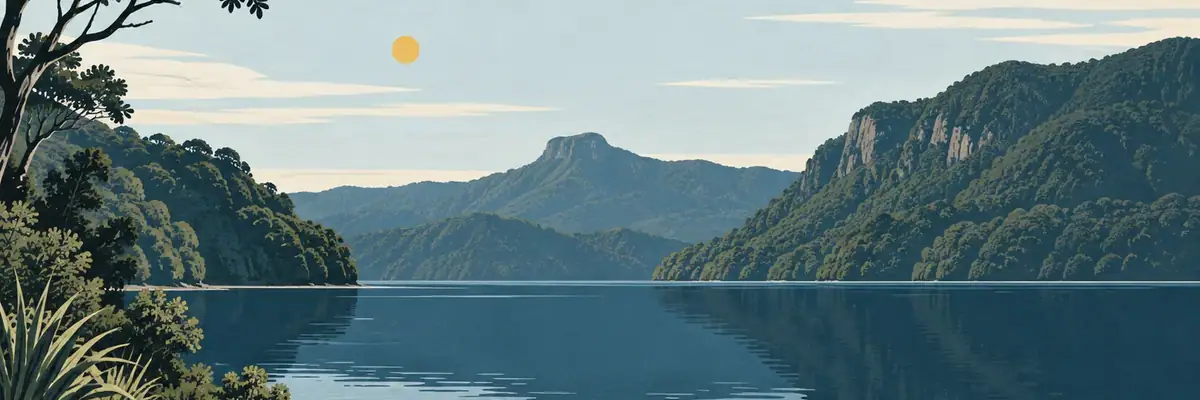 Screen-print illustration of Lake Waikaremoana and its forested shore, Wairoa District
