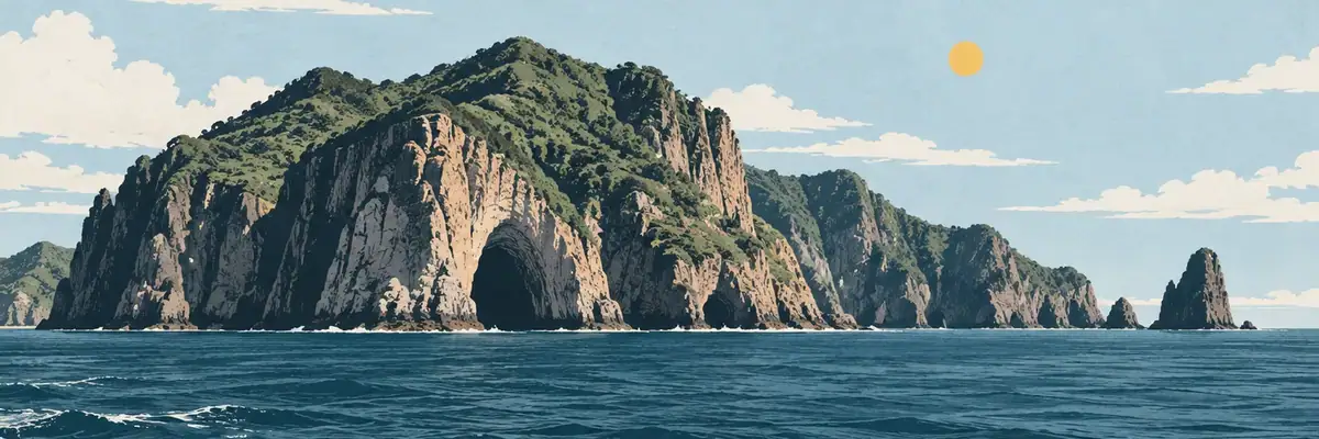 Screen-print illustration of the volcanic sea cliffs of the Poor Knights Islands, Northland