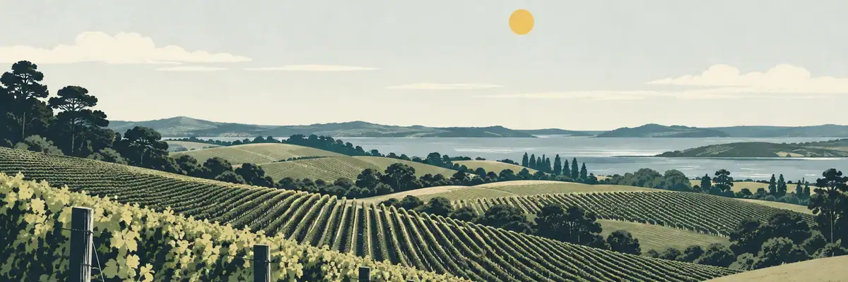 Screen-print illustration of the rolling vineyard rows of Kumeū-Huapai