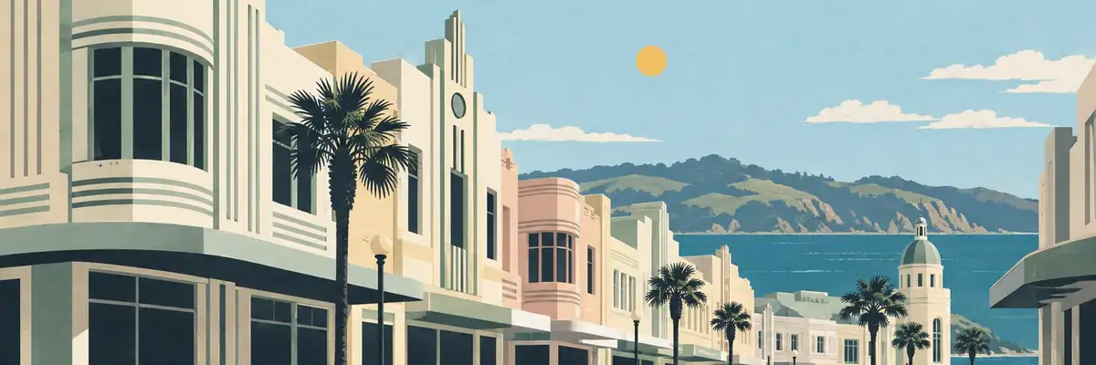 Screen-print illustration of the Art Deco facades of central Napier