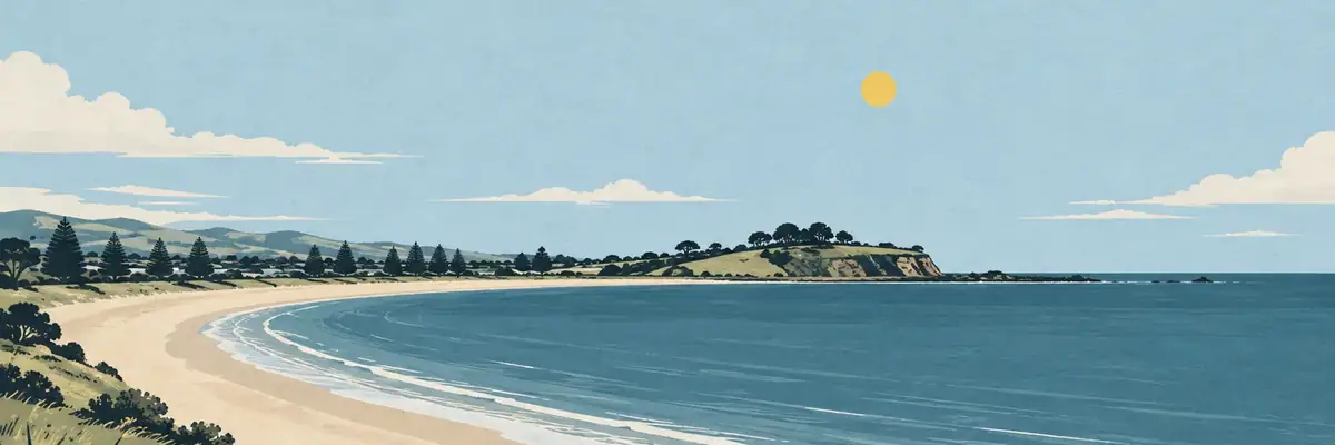 Screen-print illustration of Caroline Bay and its curved shoreline, Timaru