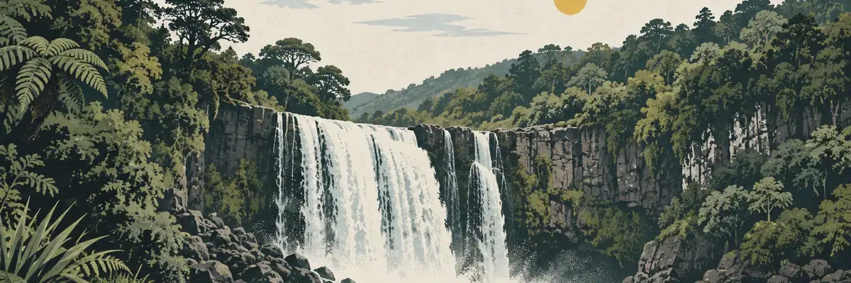 Screen-print illustration of Tarawera Falls and the forested gorge, Kawerau District