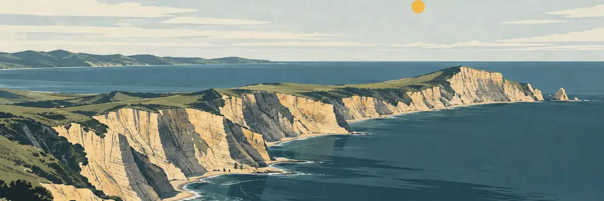 Screen-print illustration of the cliffs and gannet headland at Cape Kidnappers, Hastings District