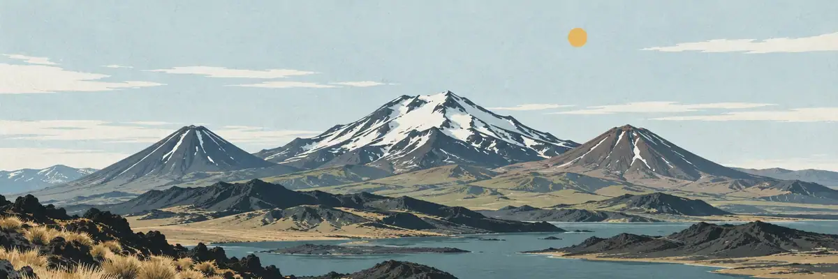Screen-print illustration of Tongariro National Park volcanic plateau, Ruapehu District