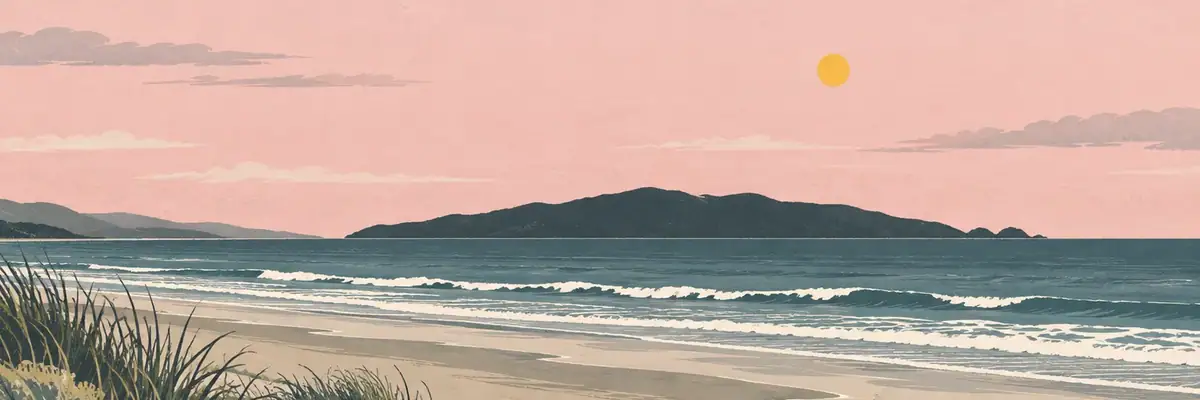 Screen-print illustration of Paraparaumu Beach and Kāpiti Island offshore
