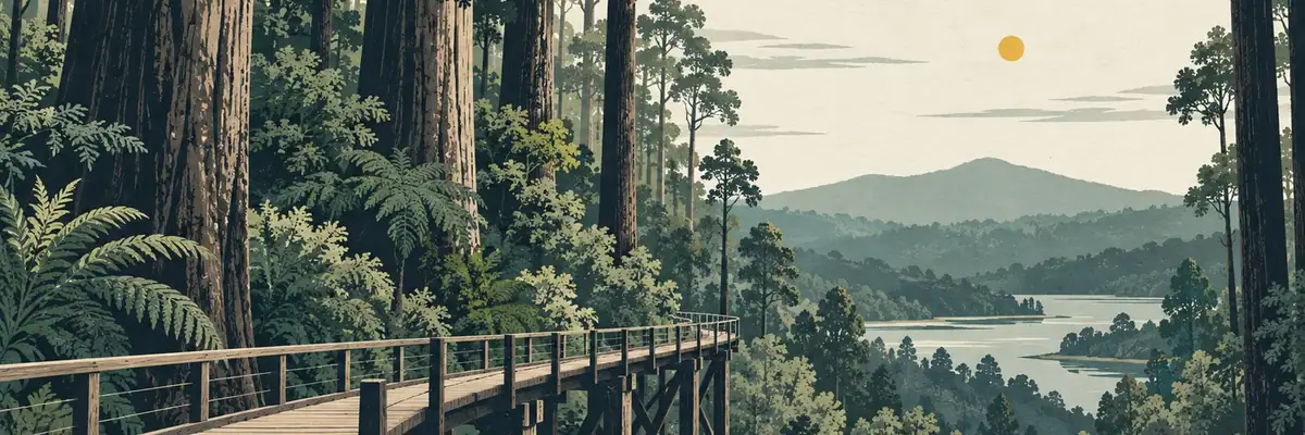 Screen-print illustration of the towering native forest along the Timber Trail, South Waikato District
