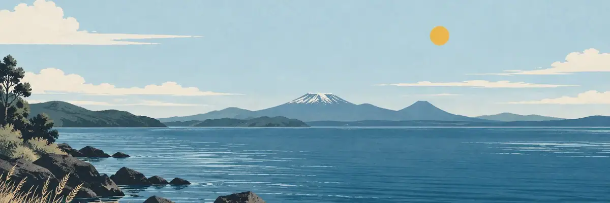 Screen-print illustration of the open Lake Taupō waterfront with volcanic peaks on the southern horizon