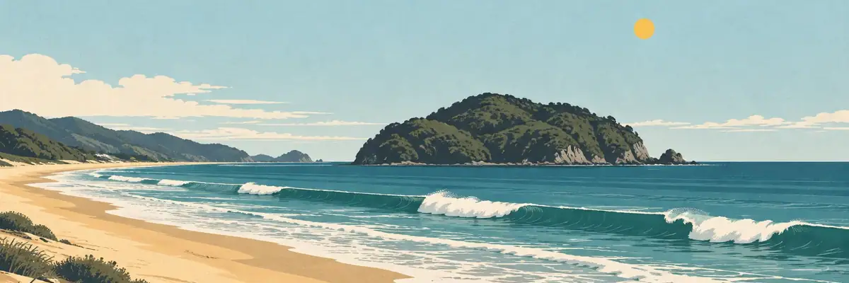 Screen-print illustration of the long surf beach with Whenuakura Island offshore, Whangamatā