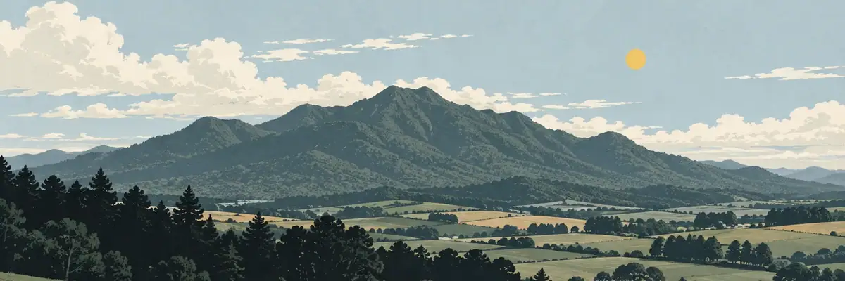 Screen-print illustration of the forested volcanic cone of Mount Pirongia above the township