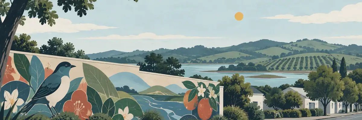Screen-print illustration of the painted murals of Katikati