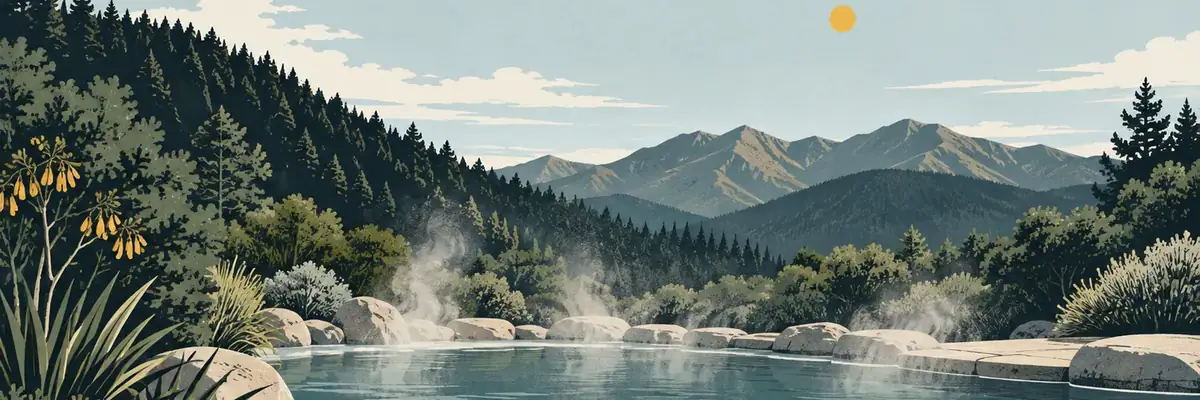 Screen-print illustration of the outdoor thermal pools beneath the forested hills, Hanmer Springs
