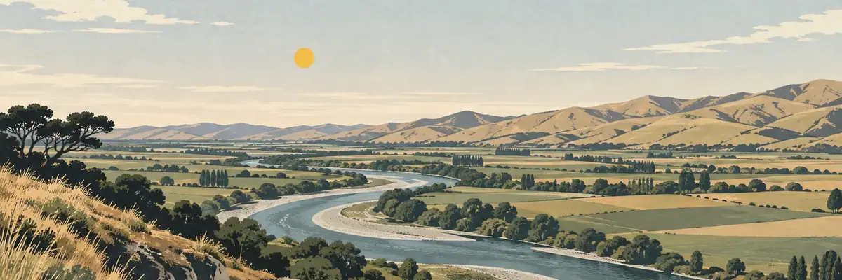Screen-print illustration of the Tukituki valley across Central Hawke’s Bay
