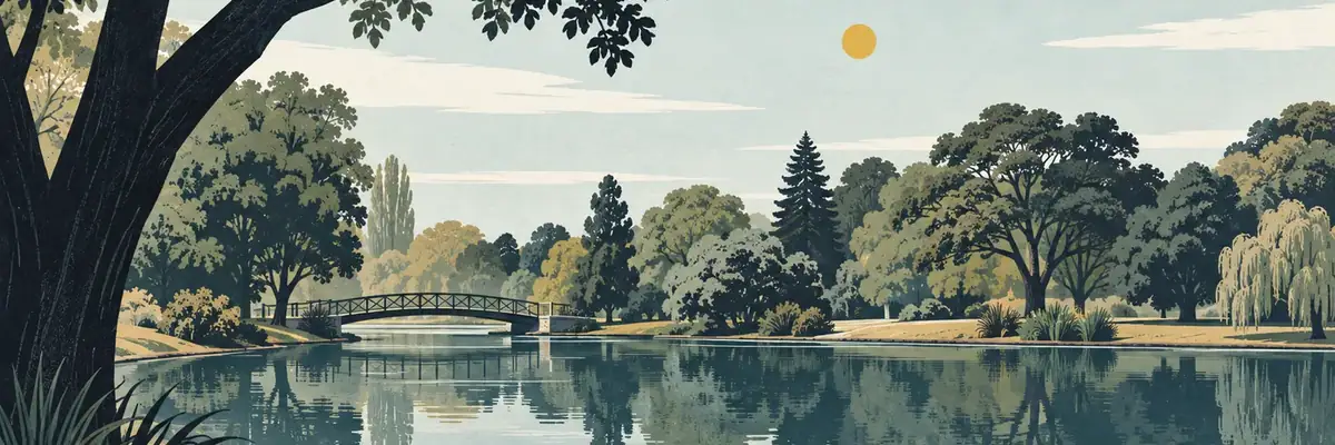 Screen-print illustration of Ashburton Domain’s lake and mature park trees