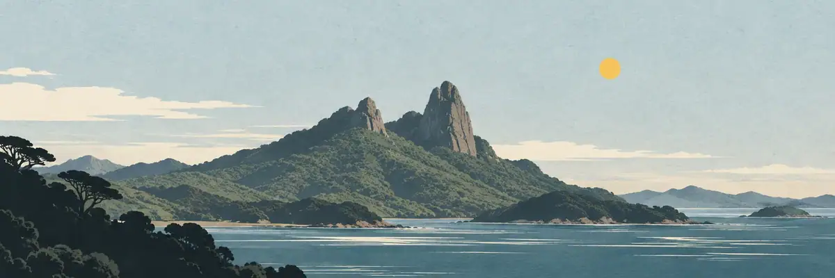 Screen-print illustration of Mount Manaia’s bush-covered volcanic pinnacles above Whangārei Harbour