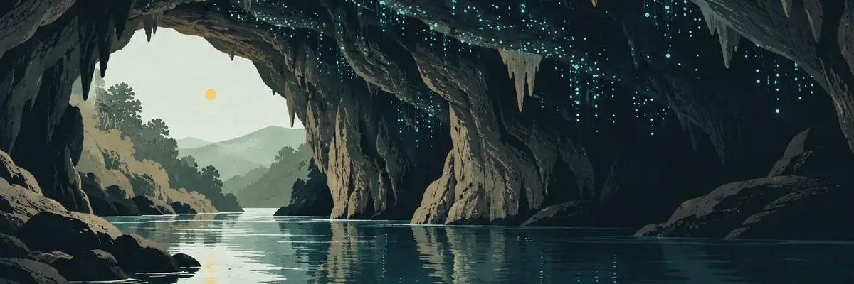 Screen-print illustration of the glowworm-lit limestone cavern of Waitomo