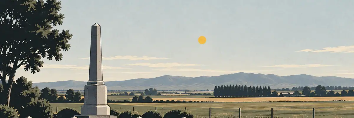 Screen-print illustration of Leeston’s war memorial and the open Ellesmere farming plain