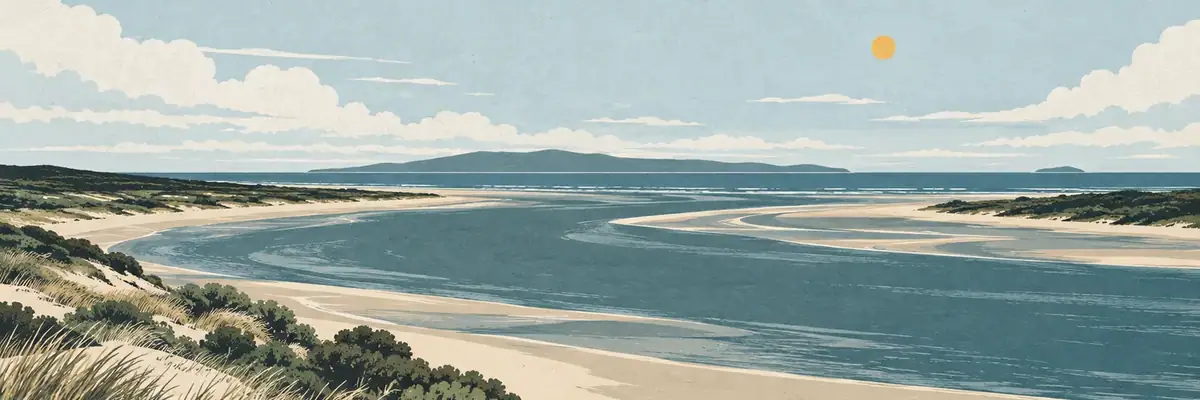 Screen-print illustration of Sandy Point and the Oreti River mouth, Invercargill City