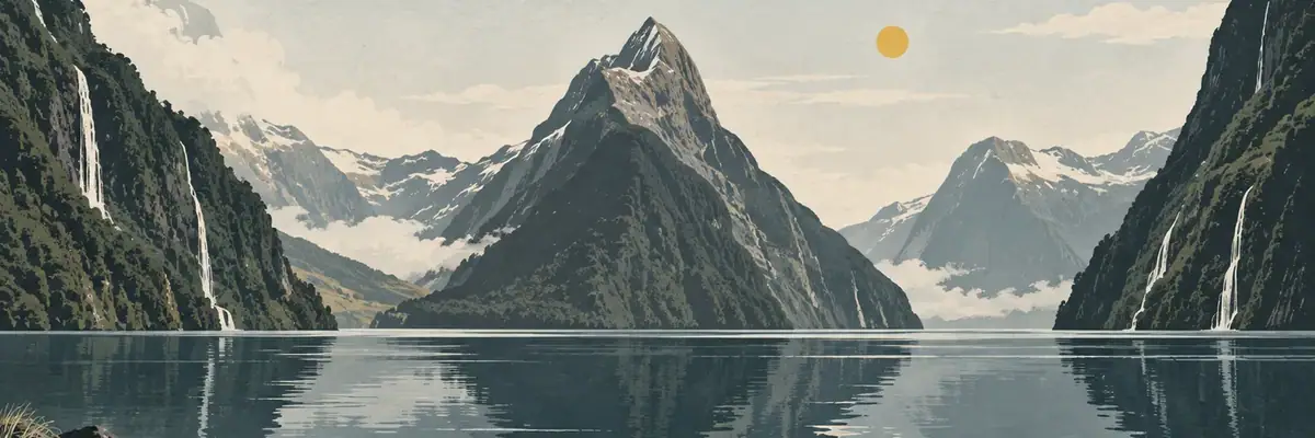 Screen-print illustration of Piopiotahi Milford Sound and Mitre Peak, Southland