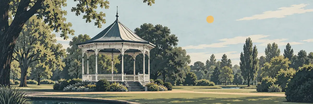 Screen-print illustration of the Victoria Park band rotunda, Rangiora