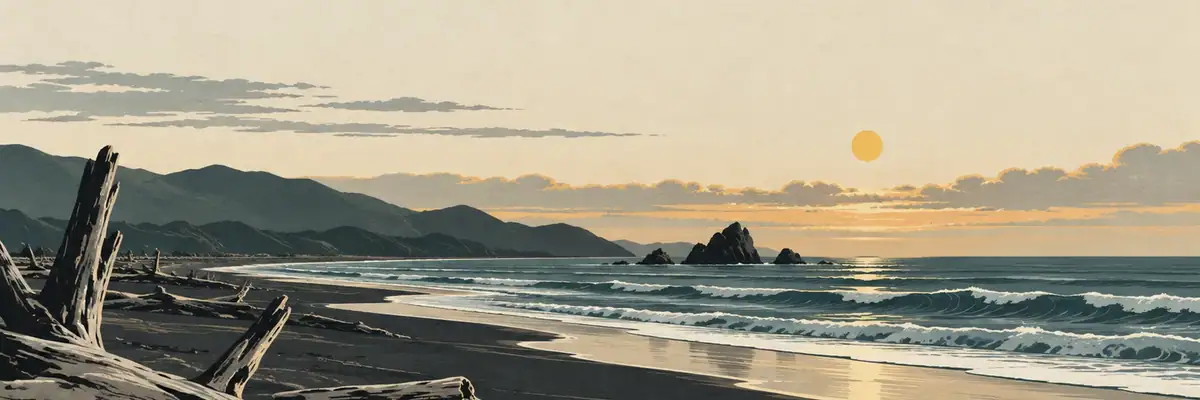 Screen-print illustration of Hokitika Beach at sunset